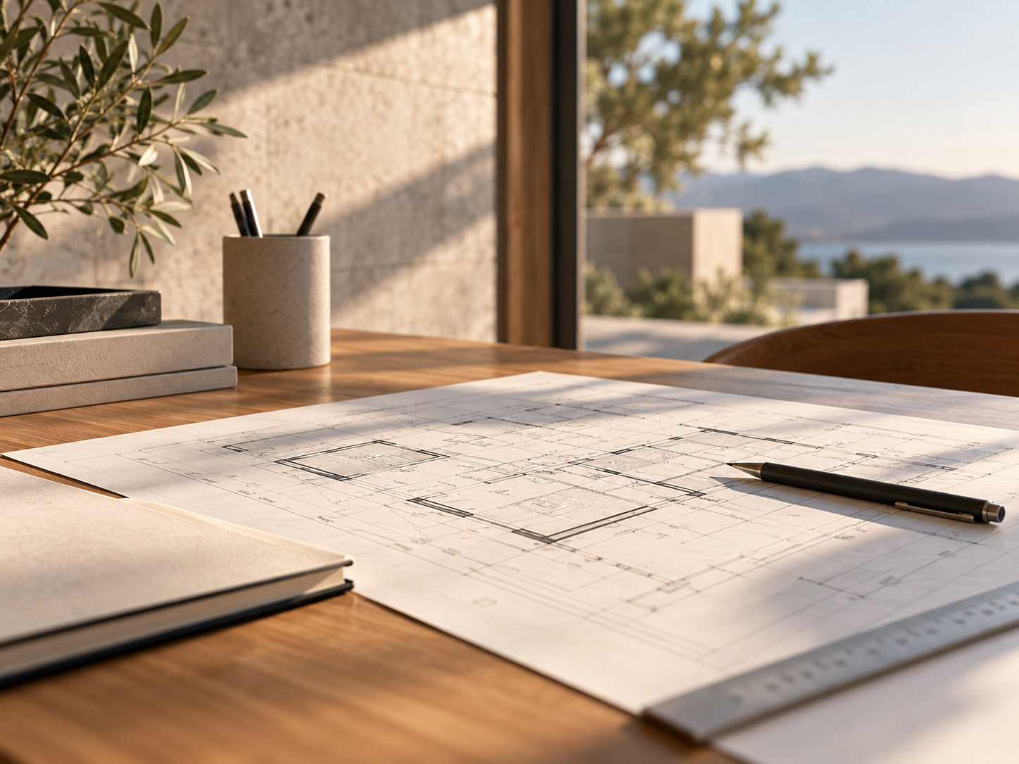 Plano arquitectónico sobre una mesa de trabajo que representa la planificación financiera